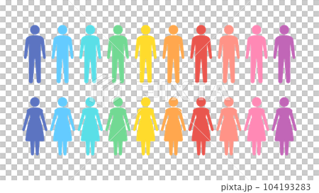 Icon collection of colorful standing men and women - 10 colors, whole body - image of individuality and diversity Icon collection of colorful standing men and women - 10 colors, whole body - image of individuality and diversity 104193283