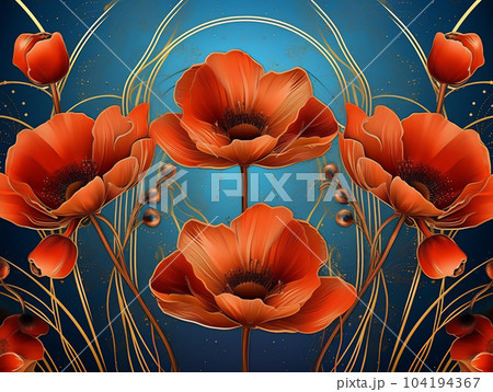Red poppies in art deco style, line design Red poppies in art deco style, line design 104194367