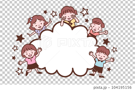 插圖，其中有可愛的孩子和孩子們的複制空間，圍繞著手繪的雲框，可用於活動等。 104195156