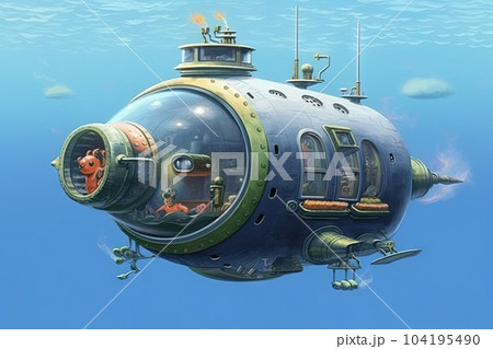 spaceship that takes the form of an underwater submarine, complete with porthole windows showcasing surreal scenes from different dimensions in he vastness of space. illustration generative ai 104195490