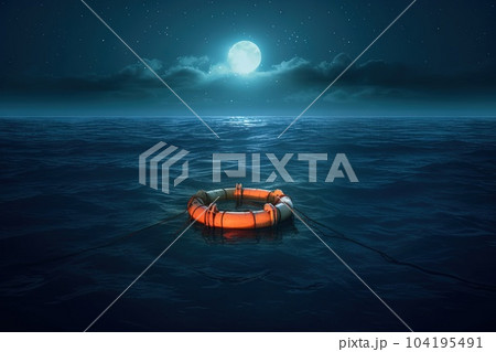 Titanic life buoy floating in the ocean at moonlight illustration generative ai 104195491