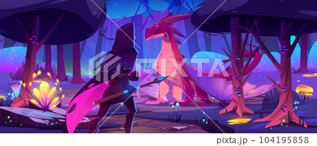 Fairy tale scene with dragon and medieval knight 104195858