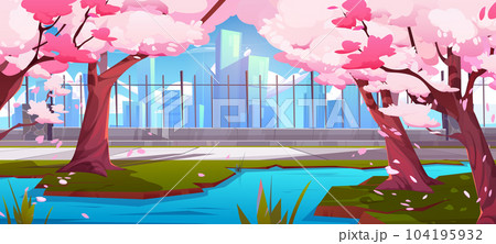 Sakura near pond in city park garden with fence Sakura near pond in city park garden with fence 104195932
