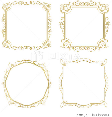 金属の質感のゴールドのバロック調のオーナメントイラストセット・オリエンタル柄飾り罫・飾り囲み｜金色 104195963