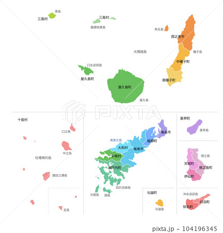 鹿児島県の離島と市町村地図 104196345