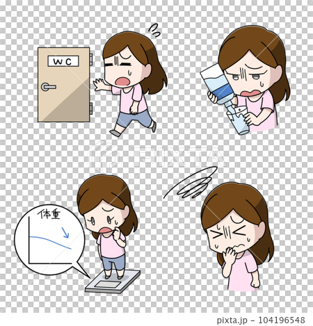 Illustration 4 patterns of a woman with symptoms of hyperglycemia Illustration 4 patterns of a woman with symptoms of hyperglycemia 104196548