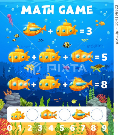 Math game worksheet, cartoon yellow submarine bathyscaphe, vector mathematics quiz for kids. Sea underwater boat or undersea submarine for calculation and counting skills in education worksheet Math game worksheet, cartoon yellow submarine bathyscaphe, vector mathematics quiz for kids. Sea underwater boat or undersea submarine for calculation and counting skills in education worksheet 104196922