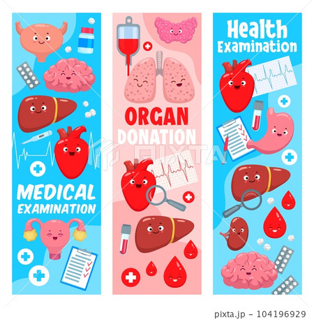 Cartoon body organ characters. Organ donation, treatment, medication. Health examination and medicine vector banners with bladder, brain, liver and heart, uterus, lungs, medicine pills cute personages 104196929
