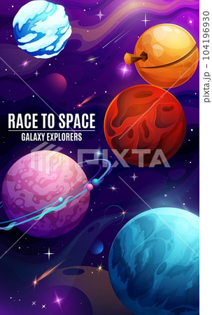 Cartoon space planets or fantasy galaxy world poster, vector background. Space exploration and galaxy race adventure poster with alien earth or galactic world planets of plasma or ice with asteroids Cartoon space planets or fantasy galaxy world poster, vector background. Space exploration and galaxy race adventure poster with alien earth or galactic world planets of plasma or ice with asteroids 104196930
