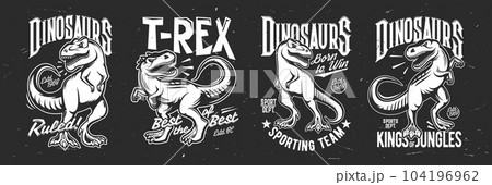 Tyrannosaurus rex, T-rex dinosaur t-shirt print, tattoo or sport club dino mascot, vector badge. Basketball, baseball or soccer sport emblems of T-rex tyrannosaurus for college club and league team Tyrannosaurus rex, T-rex dinosaur t-shirt print, tattoo or sport club dino mascot, vector badge. Basketball, baseball or soccer sport emblems of T-rex tyrannosaurus for college club and league team 104196962