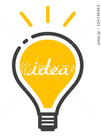 筆記体で「idea」と書かれた黄色に光る電球 104196963