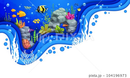Cartoon tropical fish shoal and seaweeds. Underwater paper cut sea landscape. Vector colorful and eye-catching 3d art background, frame with ocean life. Vibrant lively and mesmerizing underwater world 104196973