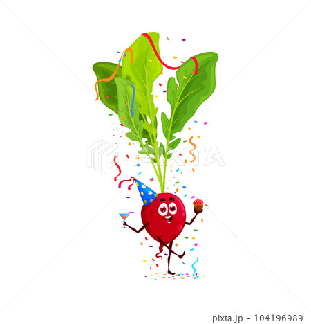 Cartoon funny radish vegetable character on birthday, anniversary holiday. Anniversary party, birthday holiday celebration cheerful vegetable vector personage with cocktail drink glass and cupcake 104196989