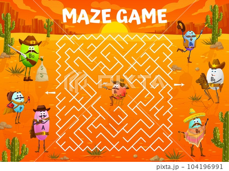 Western labyrinth maze with cartoon vitamin cowboy, sheriff, ranger and bandits characters. Kids vector worksheet board game with B12, P, A or B5, B6 and B9 help find exit to capsule personage 104196991