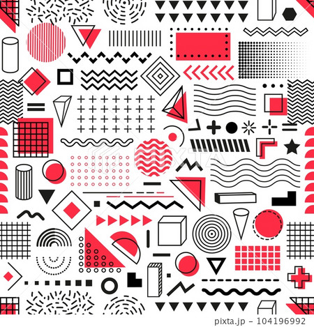 Memphis geometric shapes seamless pattern. Vector abstract background with modern graphic elements, black, white and red lines, circles, triangles and dots. Doodle figures and halftone shapes ornament 104196992