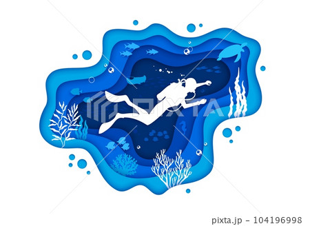 Diver on the ocean bottom. Sea paper cut underwater landscape with schools of fish, swaying coral reefs, and various marine creatures, providing breathtaking and immersive experience for diving 104196998