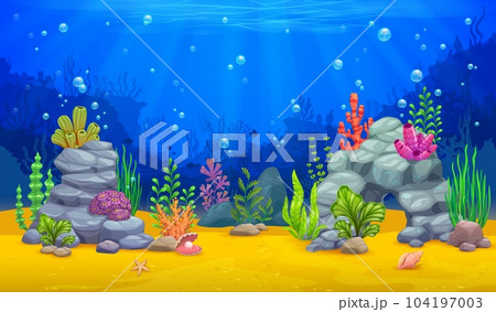 Cartoon underwater landscape and coral reef background, vector undersea world. Sea or ocean underwater landscape with fish silhouette, corals, seashell, starfish and seaweeds on undersea rocks Cartoon underwater landscape and coral reef background, vector undersea world. Sea or ocean underwater landscape with fish silhouette, corals, seashell, starfish and seaweeds on undersea rocks 104197003
