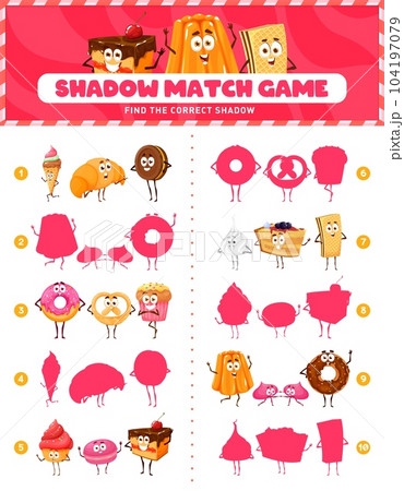Shadow match game, cartoon bakery, sweets and dessert characters, vector quiz worksheet. Picture match puzzle game to find same silhouette of croissant, chocolate donut, cheesecake cake and pudding Shadow match game, cartoon bakery, sweets and dessert characters, vector quiz worksheet. Picture match puzzle game to find same silhouette of croissant, chocolate donut, cheesecake cake and pudding 104197079