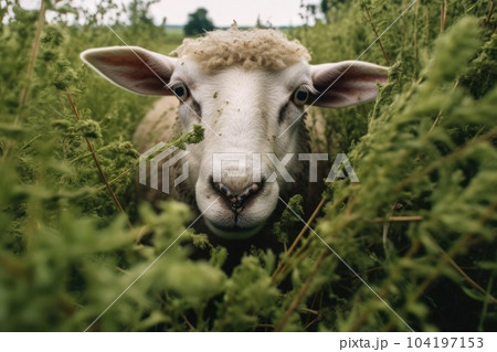 Sheep on a meadow in the grass. Generative AI 104197153