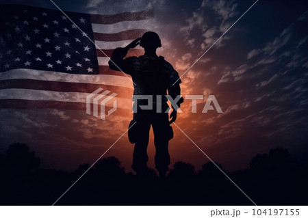 Silhouette of a saluting soldier with USA flag. Generative AI 104197155