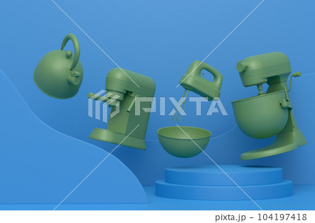 Abstract scene or podium with kitchen appliances and utensils on monochrome. 104197418