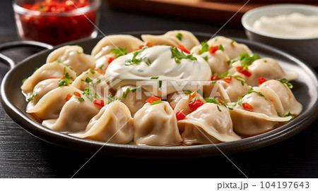 Delicious pelmeni, dumplings, ravioli, for menu in restaurant, banners, social media Delicious pelmeni, dumplings, ravioli, for menu in restaurant, banners, social media 104197643