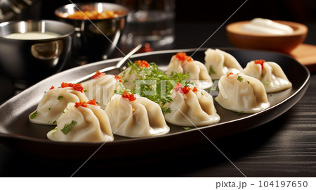 Delicious pelmeni, dumplings, ravioli, for menu in restaurant, banners, social media Delicious pelmeni, dumplings, ravioli, for menu in restaurant, banners, social media 104197650