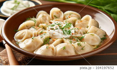 Delicious pelmeni, dumplings, ravioli, for menu in restaurant, banners, social media Delicious pelmeni, dumplings, ravioli, for menu in restaurant, banners, social media 104197652