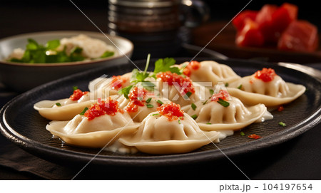 Delicious pelmeni, dumplings, ravioli, for menu in restaurant, banners, social media 104197654