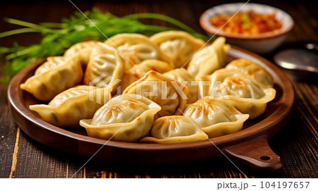 Delicious pelmeni, dumplings, ravioli, for menu in restaurant, banners, social media 104197657