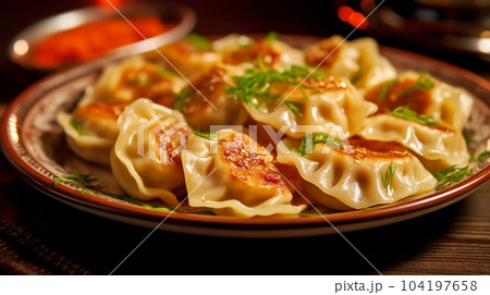 Delicious pelmeni, dumplings, ravioli, for menu in restaurant, banners, social media 104197658