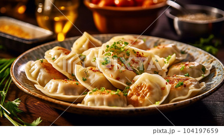 Delicious pelmeni, dumplings, ravioli, for menu in restaurant, banners, social media 104197659