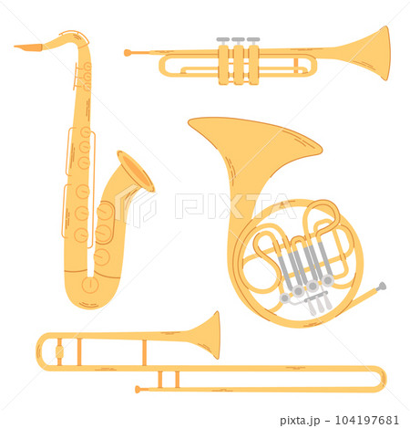 Various gold brass woodwind music instrument isolated on white background. Colored flat vector illustration. Various gold brass woodwind music instrument isolated on white background. Colored flat vector illustration. 104197681