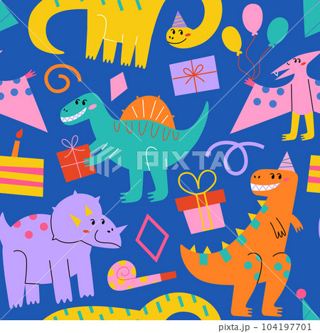 Dinosaurs birthday party. Hand drawn seamless pattern with tyrannosaurus and reptiles. Colored ornament of birthday cake, gifts, hats icons, vector illustrations of smiling raptors at party 104197701