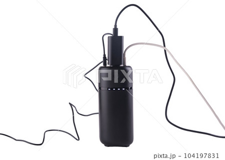 powerbank black isolated on a white background, usb cables, plug powerbank black isolated on a white background, usb cables, plug 104197831