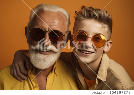 Happy grandfather and grandson. Positive senior with grandchild. Multi-generational family. Smiling people. Happy retirement. Positive aging, good mood. Cool senior. Portrait, close up. Generative AI. Happy grandfather and grandson. Positive senior with grandchild. Multi-generational family. Smiling people. Happy retirement. Positive aging, good mood. Cool senior. Portrait, close up. Generative AI. 104197878