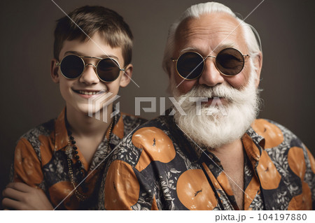 Happy grandfather and grandson. Positive senior with grandchild. Multi-generational family. Smiling people. Happy retirement. Positive aging, good mood. Cool senior. Portrait, close up. Generative AI. Happy grandfather and grandson. Positive senior with grandchild. Multi-generational family. Smiling people. Happy retirement. Positive aging, good mood. Cool senior. Portrait, close up. Generative AI. 104197880