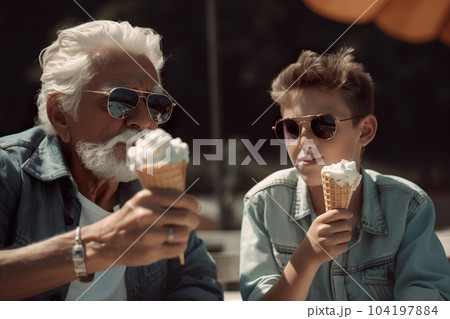 Grandfather and grandson enjoy time together. Positive senior spending time with his grandchild. Multi-generational family. Happy retirement. Positive aging, good mood. Generative AI. 104197884