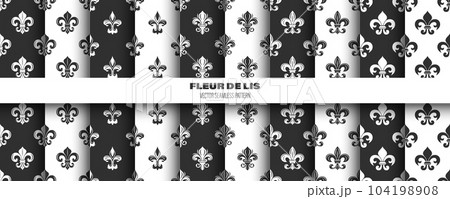 Vector Seamless Pattern with Vintage 3d Realistic White and Black Fleur De Lis. Heraldic Lily Texture, Retro Pattern for Wallpaper, Textile. Vector Illustration Vector Seamless Pattern with Vintage 3d Realistic White and Black Fleur De Lis. Heraldic Lily Texture, Retro Pattern for Wallpaper, Textile. Vector Illustration 104198908
