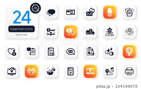 Set of Business flat icons. Share mail, Fireworks and Checklist elements for web application. Vip podium, Talk bubble, Internet downloading icons. Print image, Cooking water. Vector 104199078