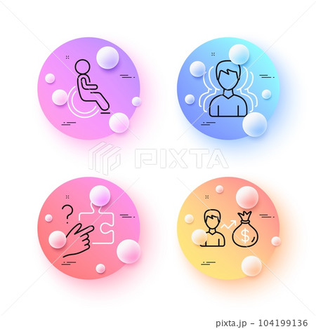 Search puzzle, Sallary and Disability minimal line icons. 3d spheres or balls buttons. Group icons. For web, application, printing. Jigsaw game, Person earnings, Wheelchair user. Vector 104199136