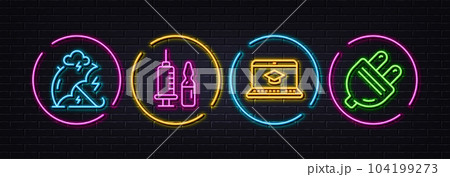 Stress protection, Medical vaccination and Website education minimal line icons. Neon laser 3d lights. Electric plug icons. For web, application, printing. Vector Stress protection, Medical vaccination and Website education minimal line icons. Neon laser 3d lights. Electric plug icons. For web, application, printing. Vector 104199273