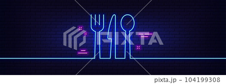 Neon light glow effect. Food line icon. Cutlery sign. Fork, knife, spoon symbol. 3d line neon glow icon. Brick wall banner. Food outline. Vector Neon light glow effect. Food line icon. Cutlery sign. Fork, knife, spoon symbol. 3d line neon glow icon. Brick wall banner. Food outline. Vector 104199308