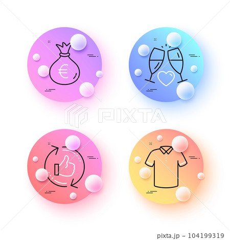 Money bag, Wedding glasses and T-shirt minimal line icons. 3d spheres or balls buttons. Refresh like icons. For web, application, printing. Euro currency, Love champagne, Short sleeves shirt. Vector Money bag, Wedding glasses and T-shirt minimal line icons. 3d spheres or balls buttons. Refresh like icons. For web, application, printing. Euro currency, Love champagne, Short sleeves shirt. Vector 104199319