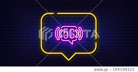 Neon light speech bubble. 5g wi-fi technology line icon. Wifi wireless network sign. Mobile internet symbol. Neon light background. 5g wifi glow line. Brick wall banner. Vector 104199325