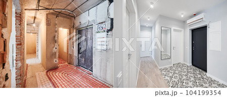 Comparison of old flat with underfloor heating pipes and new renovated apartment with modern interior design. Hallway with heated floor before and after renovation. 104199354