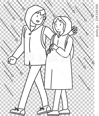 一名孕婦在雨中撤離,一名男子在幫助她 一名孕婦在雨中撤離,一名男子在幫助她 104199366