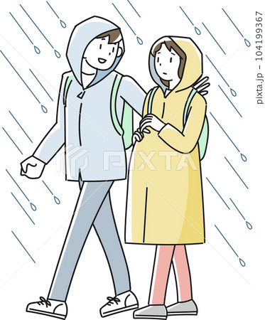 雨の中を避難する妊婦と支援する男性 104199367