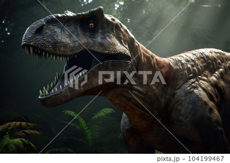 Amazing and photorealistic dinosaur. Jurassic period. Gigantic reptile. Close up view. Beautiful and scary dinosaurus. Dangerous dino. Generative AI. Amazing and photorealistic dinosaur. Jurassic period. Gigantic reptile. Close up view. Beautiful and scary dinosaurus. Dangerous dino. Generative AI. 104199467