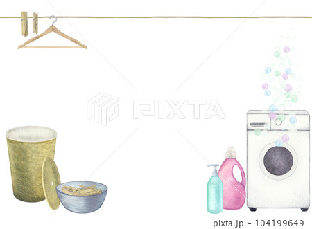 Laundry. Composition with washing machine, basket, basin, washing gel, powder, soap, hanger and clothespins. Watercolor illustration on a white background. Hand-drawn. For postcards 104199649